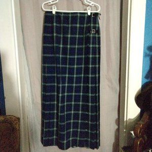 FJ Bacon England Tartan Blue Plaid Skirt Buckle Leather Strap 31" Waistx41" Long